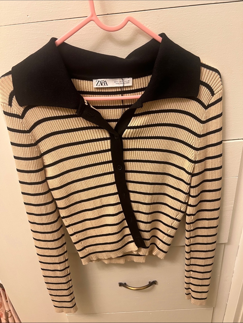 ZARA Cream and Black Striped Polo-Style Knit Cardigan